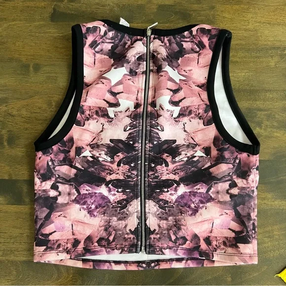 Bar III Shirt Tribal Pink Black White Crystals Midriff Cropped Top Club M Zip Up - Picture 3 of 8